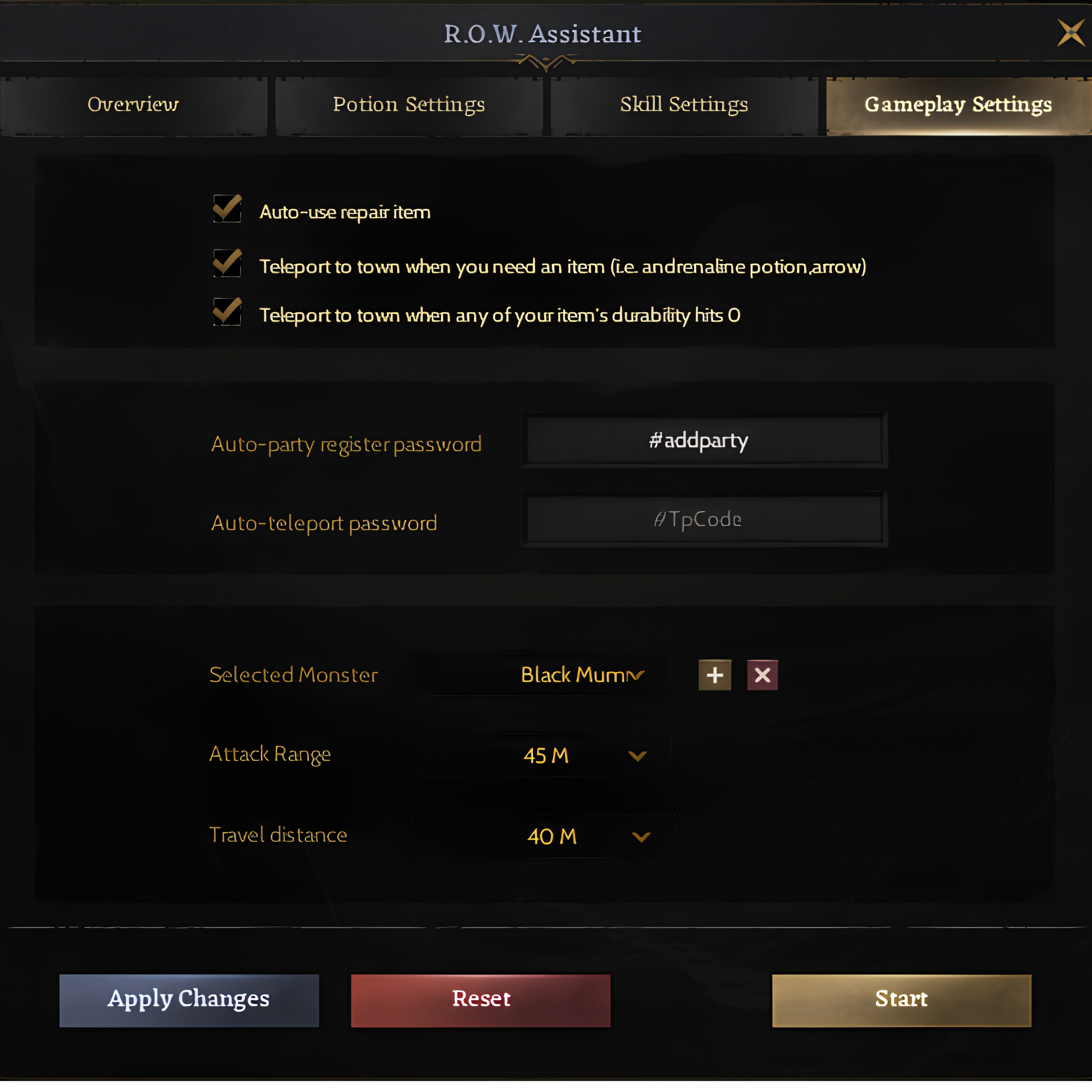 ROWA Gameplay Settings ekranı