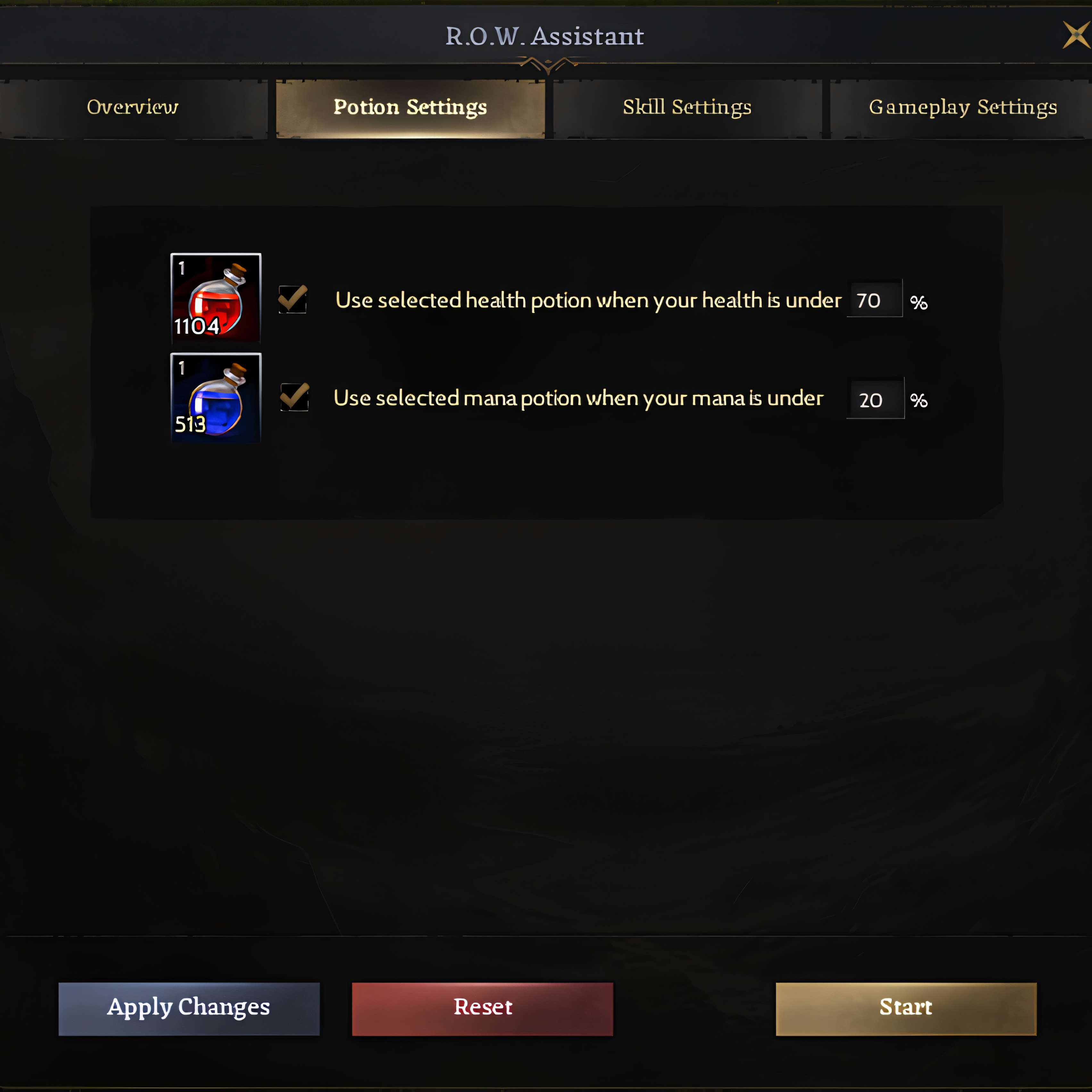 ROWA Potion Settings ekranı