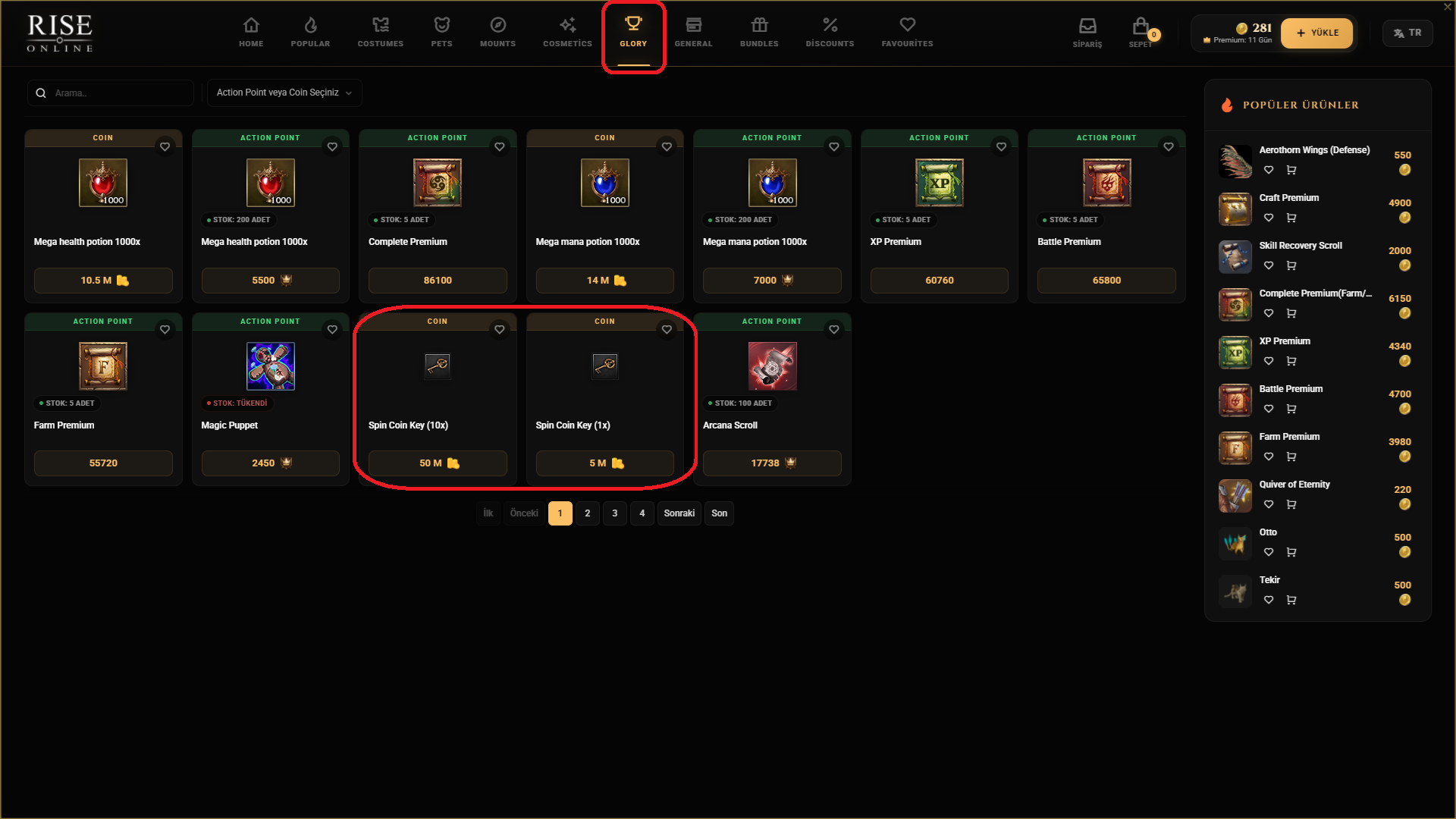 Glory Shop — Spin Coin Key